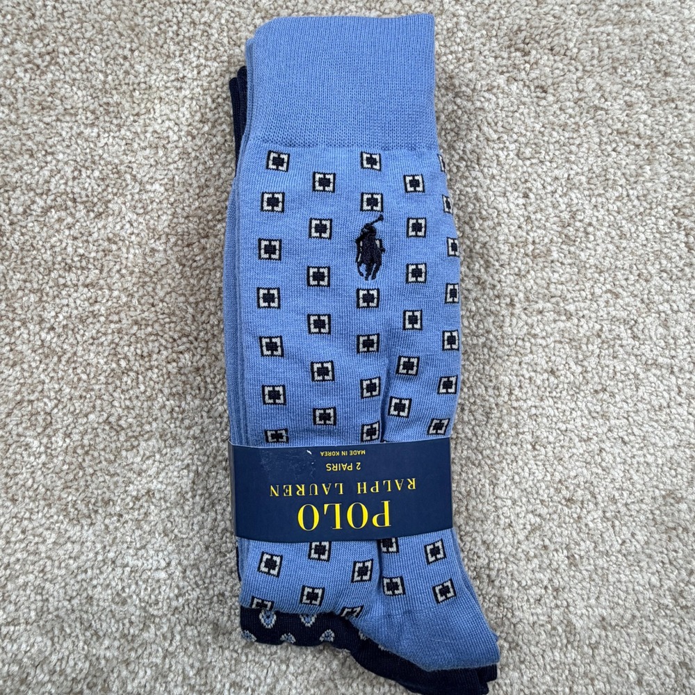 Polo Ralph Lauren Mens 2 Pair Dress Socks Blue Navy Geometric Medallion 10-13